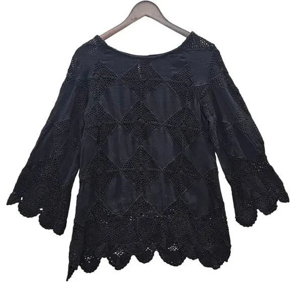 Free People Top Womens Size XS Black Crochet Lace Cut Out Bell Sleeve Whimsigoth - Picture 2 of 14